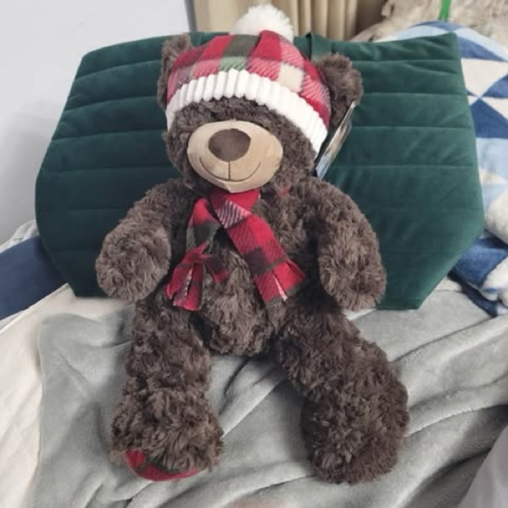NWT, St Jude Gentle Treasures Christmas Bear Plush Plaid Hat and Scarf.